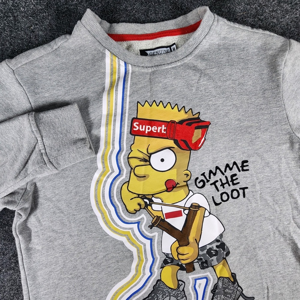 Genuine Superb Bart Simpson Gimme The Loot Men's Gray Sweatshirt Size M Funny
